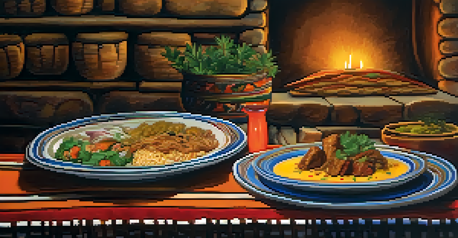 A cozy dining setting in Ollantaytambo showcasing traditional Peruvian dishes on a rustic table, with warm candlelight ambiance.