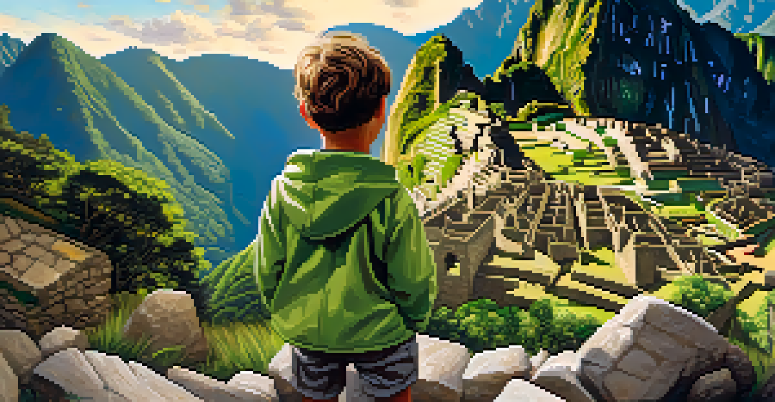A child holding an Inca artifact replica at Machu Picchu, surrounded by ancient stone structures and greenery.