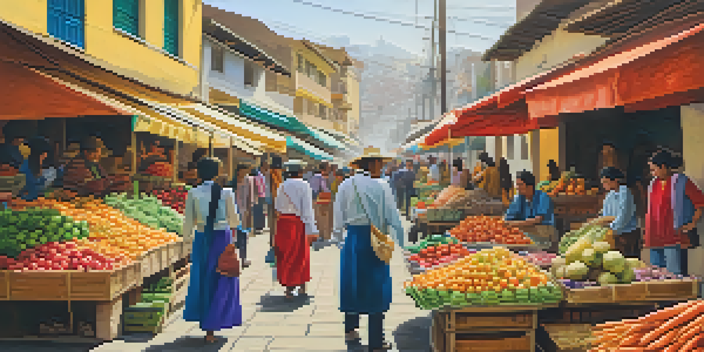 A busy market in Lima, Peru, filled with colorful fruits and vegetables, with locals interacting and traditional clothing on display.