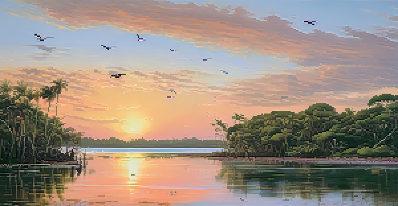 An estuary at sunset with mangroves, reflecting warm colors and birds flying above.