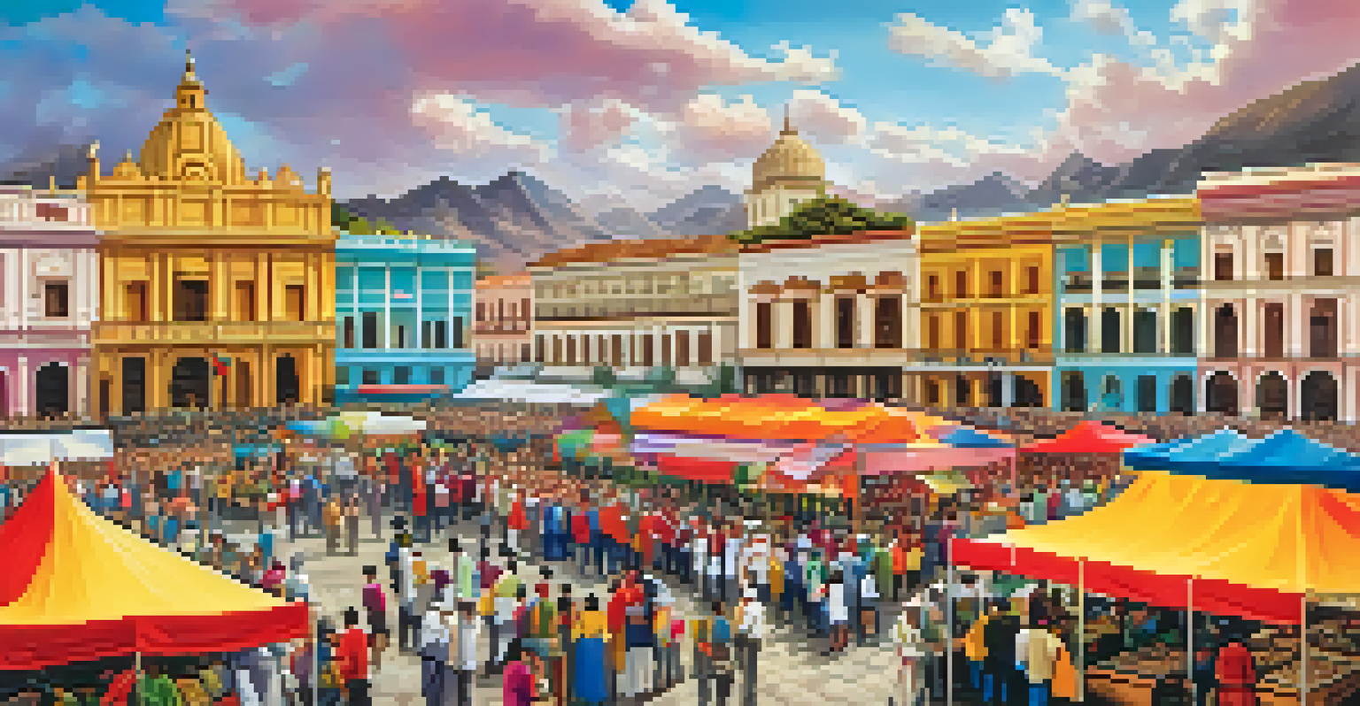 A panoramic view of the Mistura Food Festival with chefs and food lovers sampling diverse Peruvian dishes at colorful food stalls.