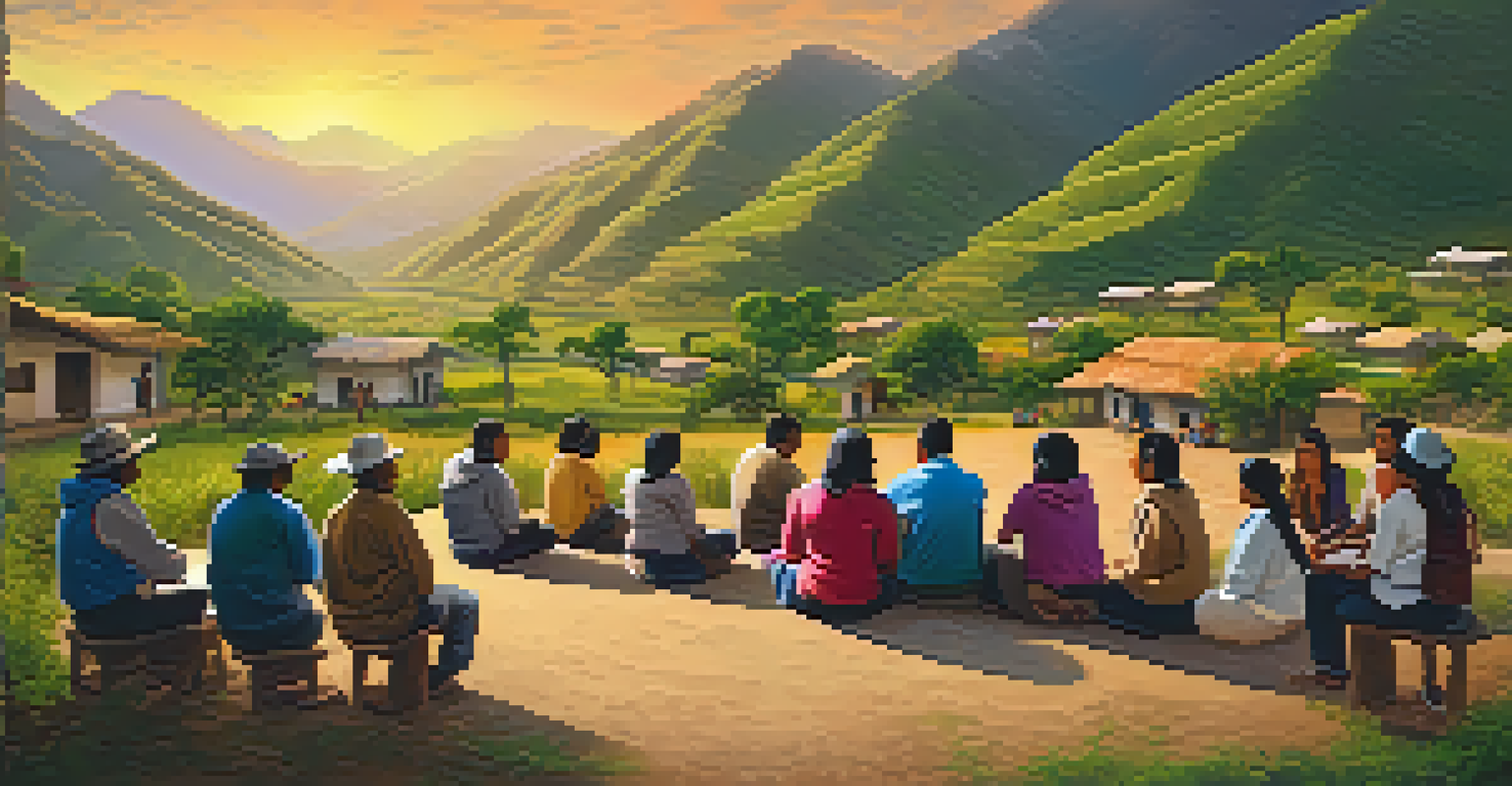A community meeting in a Peruvian village during sunset, with volunteers and locals discussing a cultural project amidst scenic mountains.