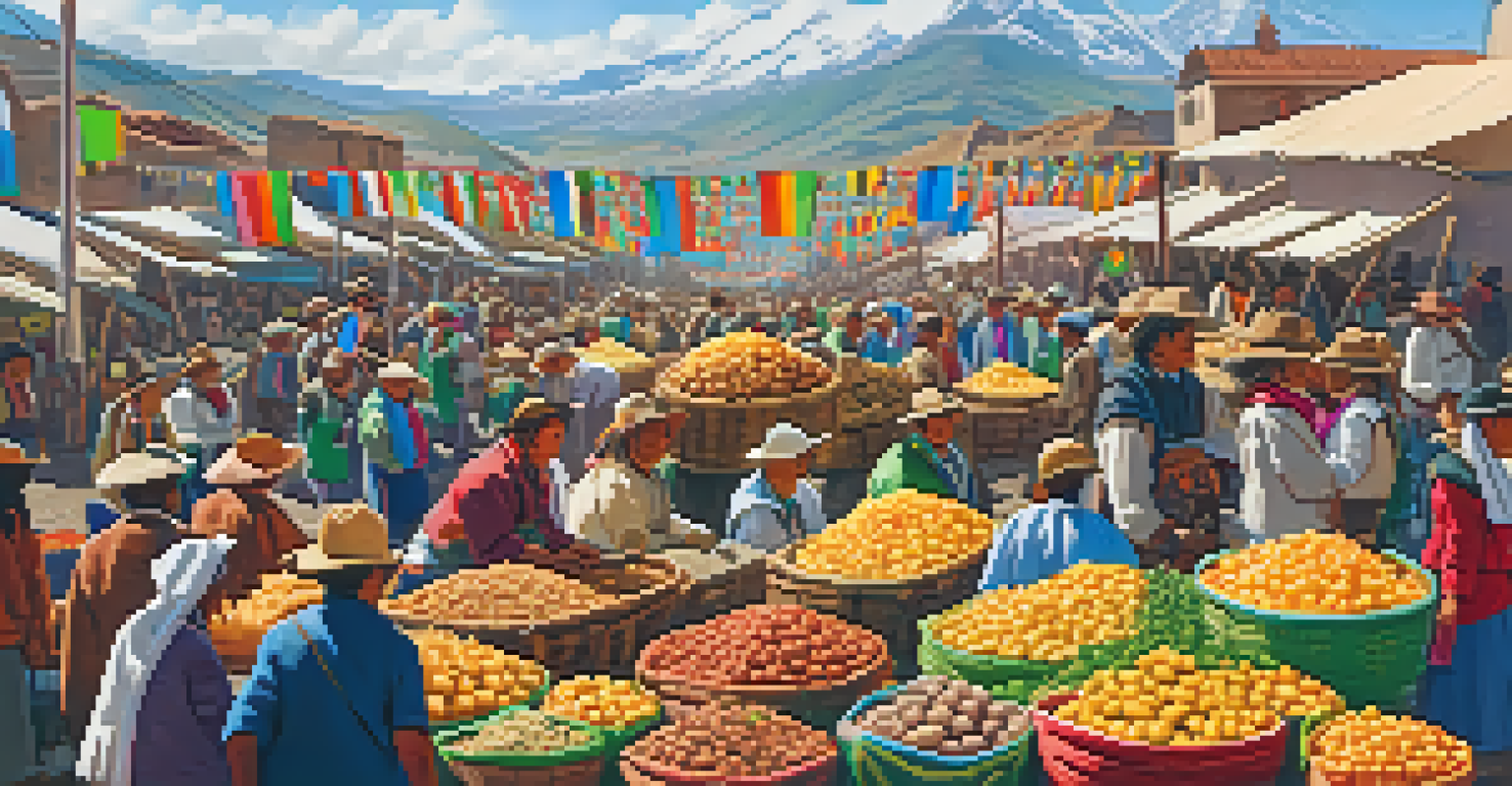 A market scene from the Andean Potato Festival with various types of potatoes and visitors enjoying traditional dishes.