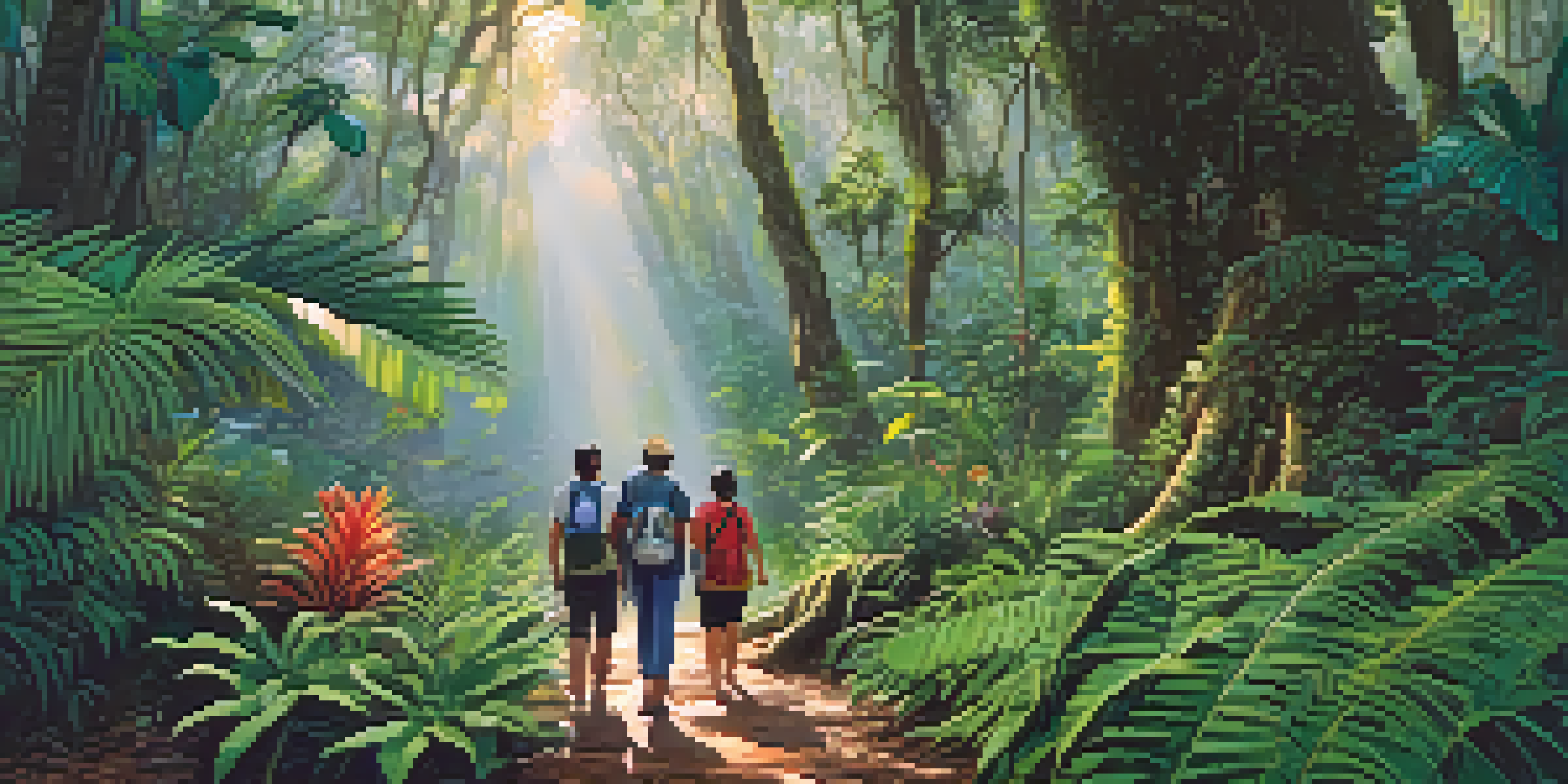A group of people on a guided nature walk in the Amazon rainforest, observing medicinal plants with a local guide pointing to a vine.