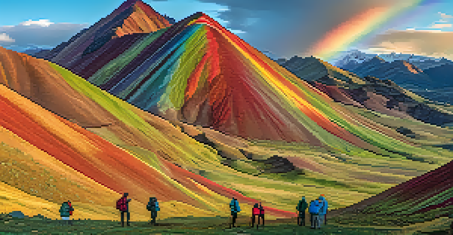 A vibrant view of Rainbow Mountain in Peru at sunrise, showcasing its multi-colored slopes with early morning light and hikers in the foreground for scale.