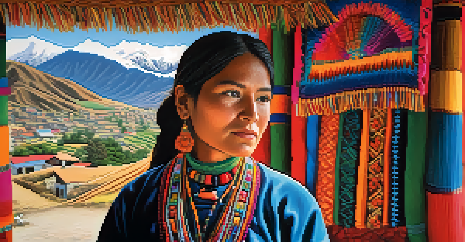 A close-up of a local Andean woman in traditional clothing, surrounded by vibrant textiles and handicrafts, with a scenic mountain village in the background.