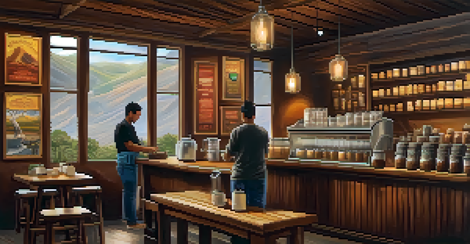 Interior of a cozy Peruvian coffee shop with a barista preparing coffee and local artwork on the walls.