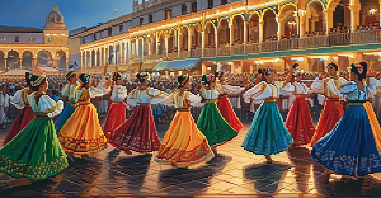 Dancers in traditional attire performing at the Marinera Festival in Trujillo, surrounded by a lively audience and colorful decorations.