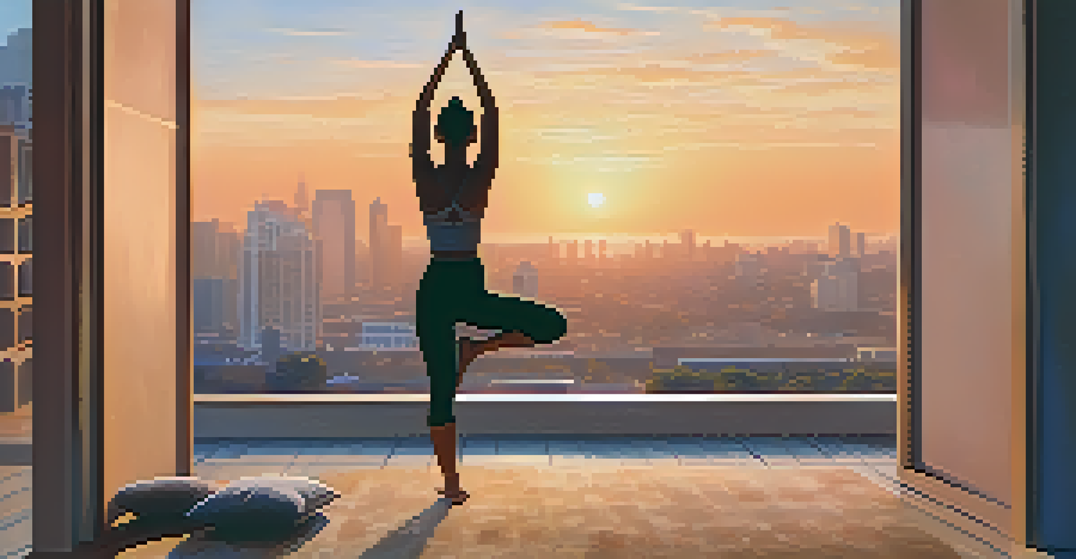 A traveler practicing yoga on a hotel balcony with a city skyline in the background during sunrise.