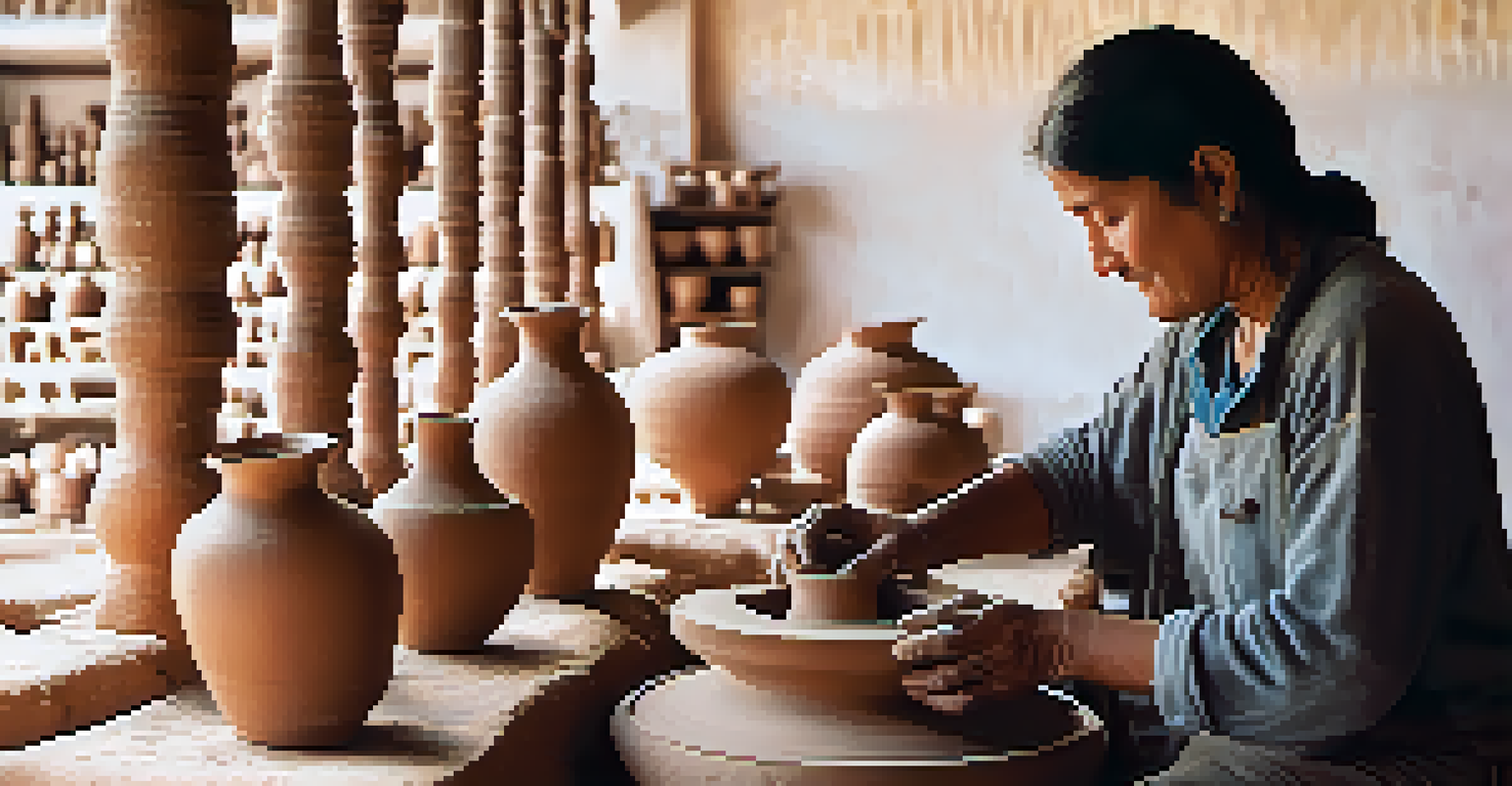 A focused portrait of a local artisan crafting pottery, with clay on their hands and various pottery pieces in a sunlit workshop.