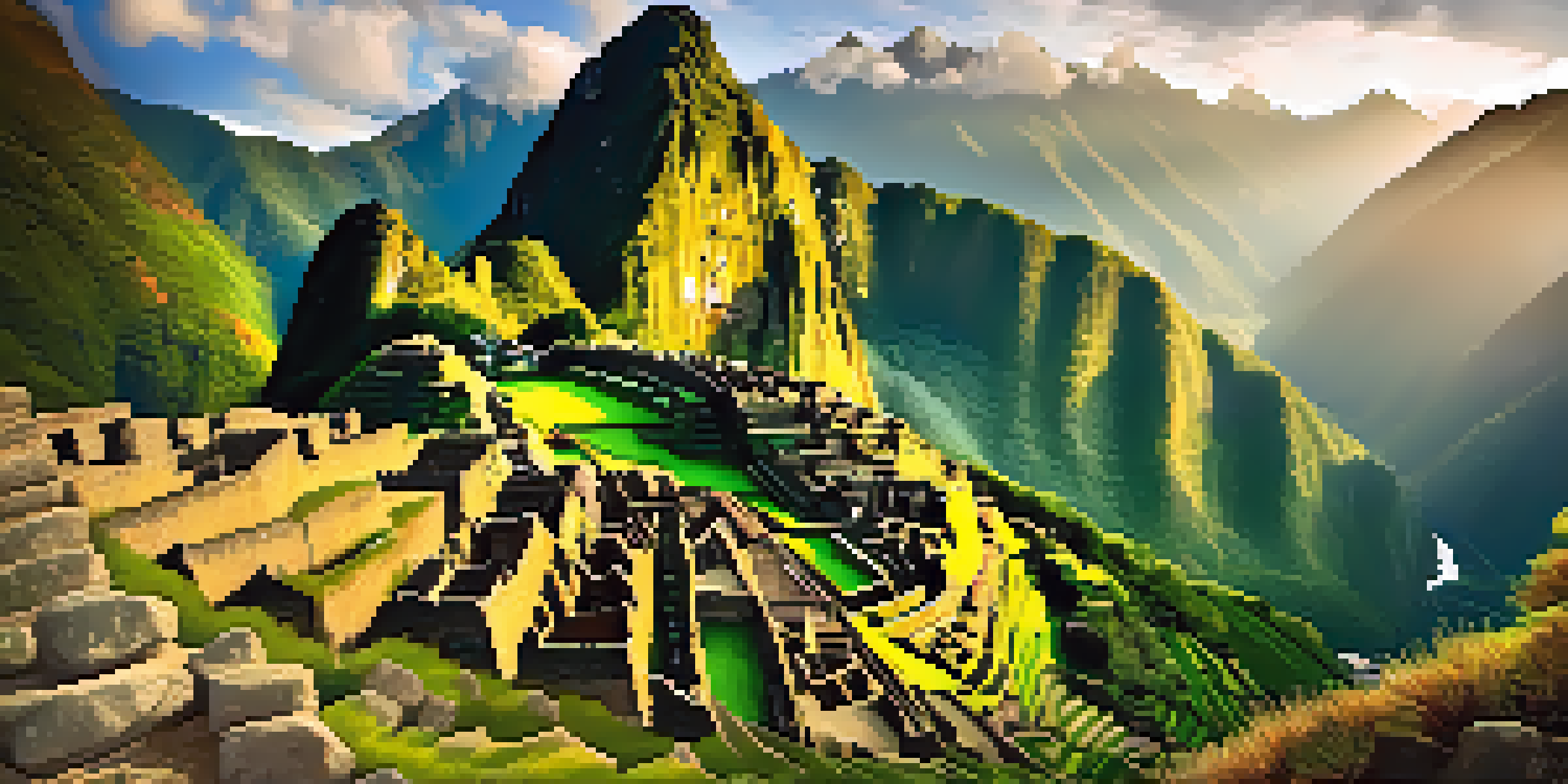 A panoramic view of the ancient Inca site Choquequirao, surrounded by lush vegetation and set against the majestic Andes mountains. The scene is illuminated by soft morning light.