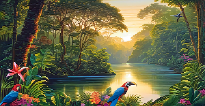 A view of the Amazon rainforest at sunrise with lush greenery, colorful flowers, towering trees, and a winding river reflecting the sky.