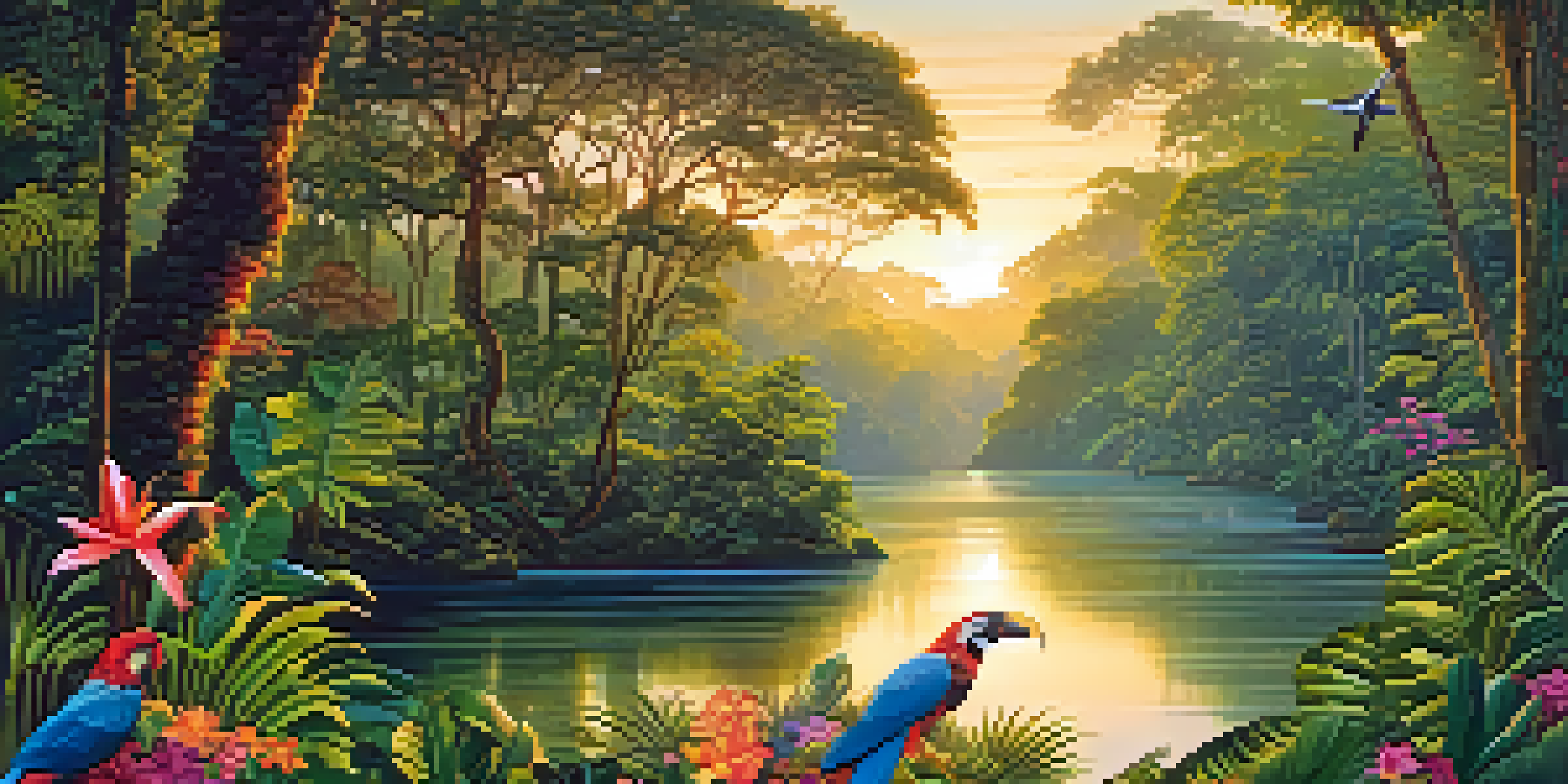A view of the Amazon rainforest at sunrise with lush greenery, colorful flowers, towering trees, and a winding river reflecting the sky.