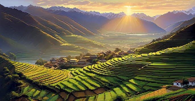 A peaceful sunrise illuminating the Sacred Valley, highlighting the Andes mountains and terraced fields with a local village.