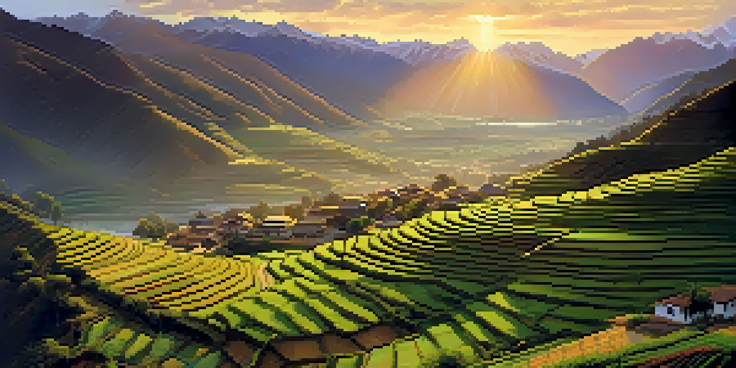 A peaceful sunrise illuminating the Sacred Valley, highlighting the Andes mountains and terraced fields with a local village.