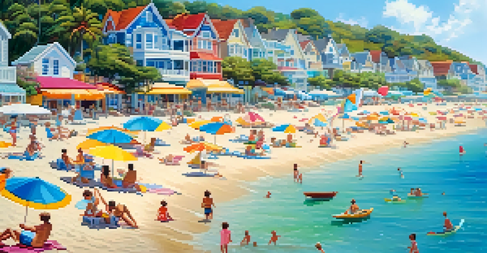 A colorful beach scene with umbrellas, families, and seaside cottages under a clear blue sky.