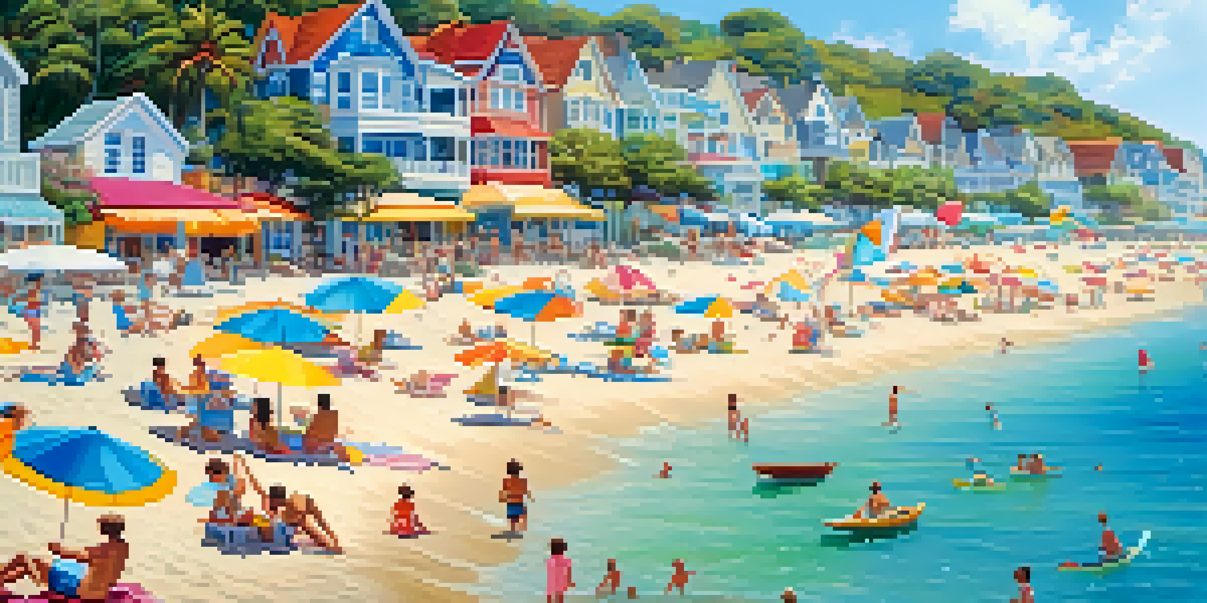 A colorful beach scene with umbrellas, families, and seaside cottages under a clear blue sky.
