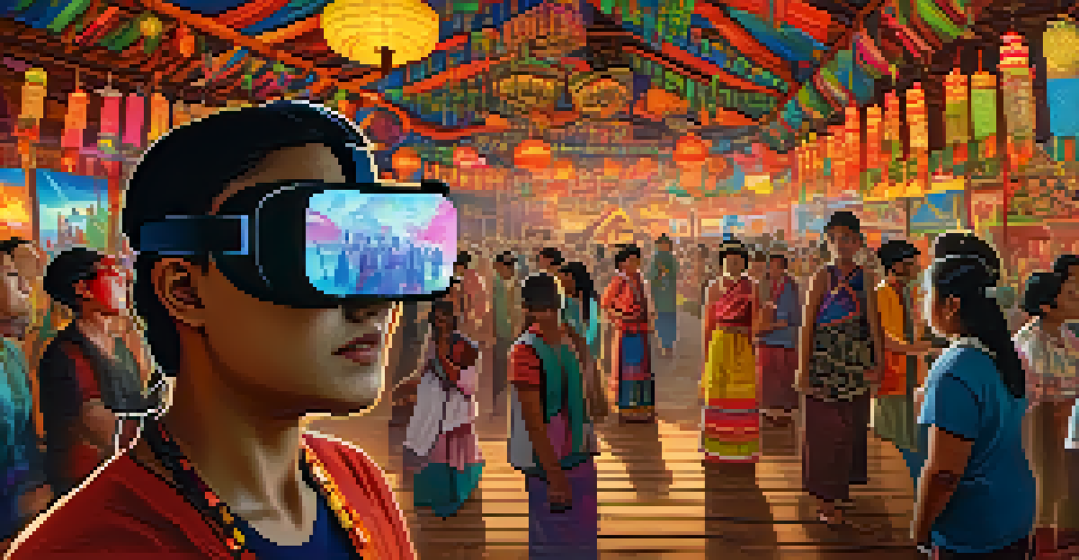 A tourist experiencing a virtual reality cultural festival, wearing VR goggles and surrounded by vivid images of traditional dances and local foods.