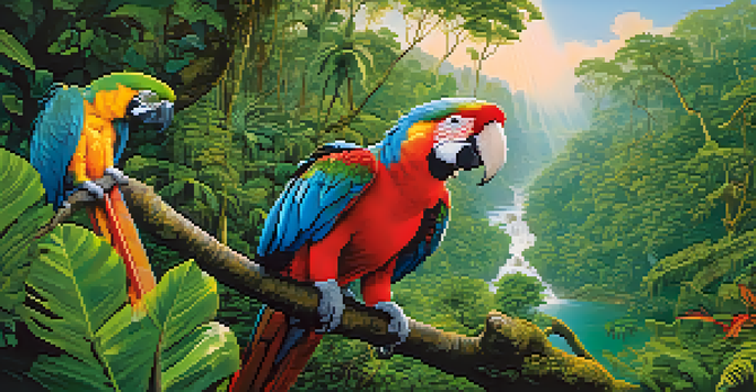 A colorful macaw perched on a branch in the foreground, with playful monkeys in the trees and a winding river in a lush green rainforest.