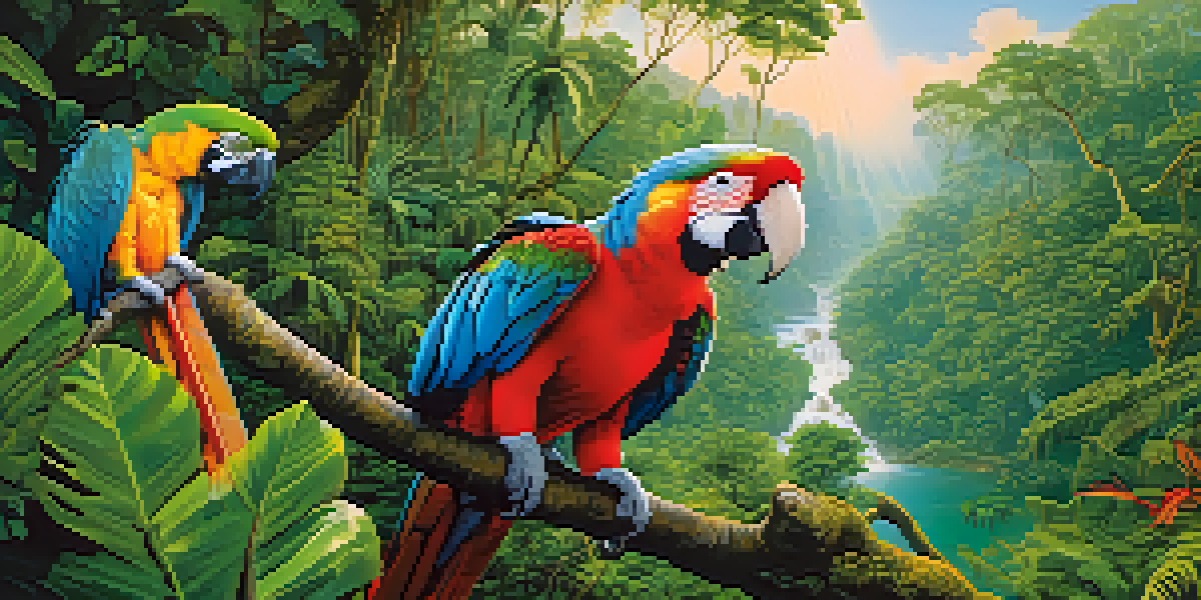 A colorful macaw perched on a branch in the foreground, with playful monkeys in the trees and a winding river in a lush green rainforest.