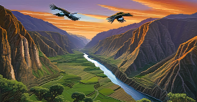 A stunning sunset view of Colca Canyon, with cliffs, a winding river, and an Andean condor in the sky.