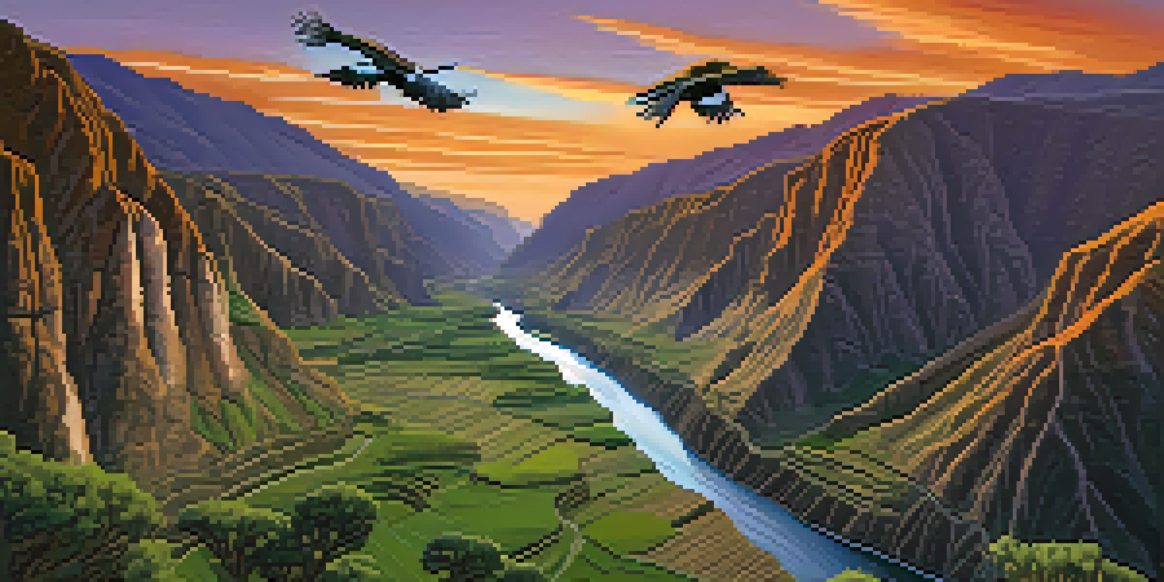 A stunning sunset view of Colca Canyon, with cliffs, a winding river, and an Andean condor in the sky.