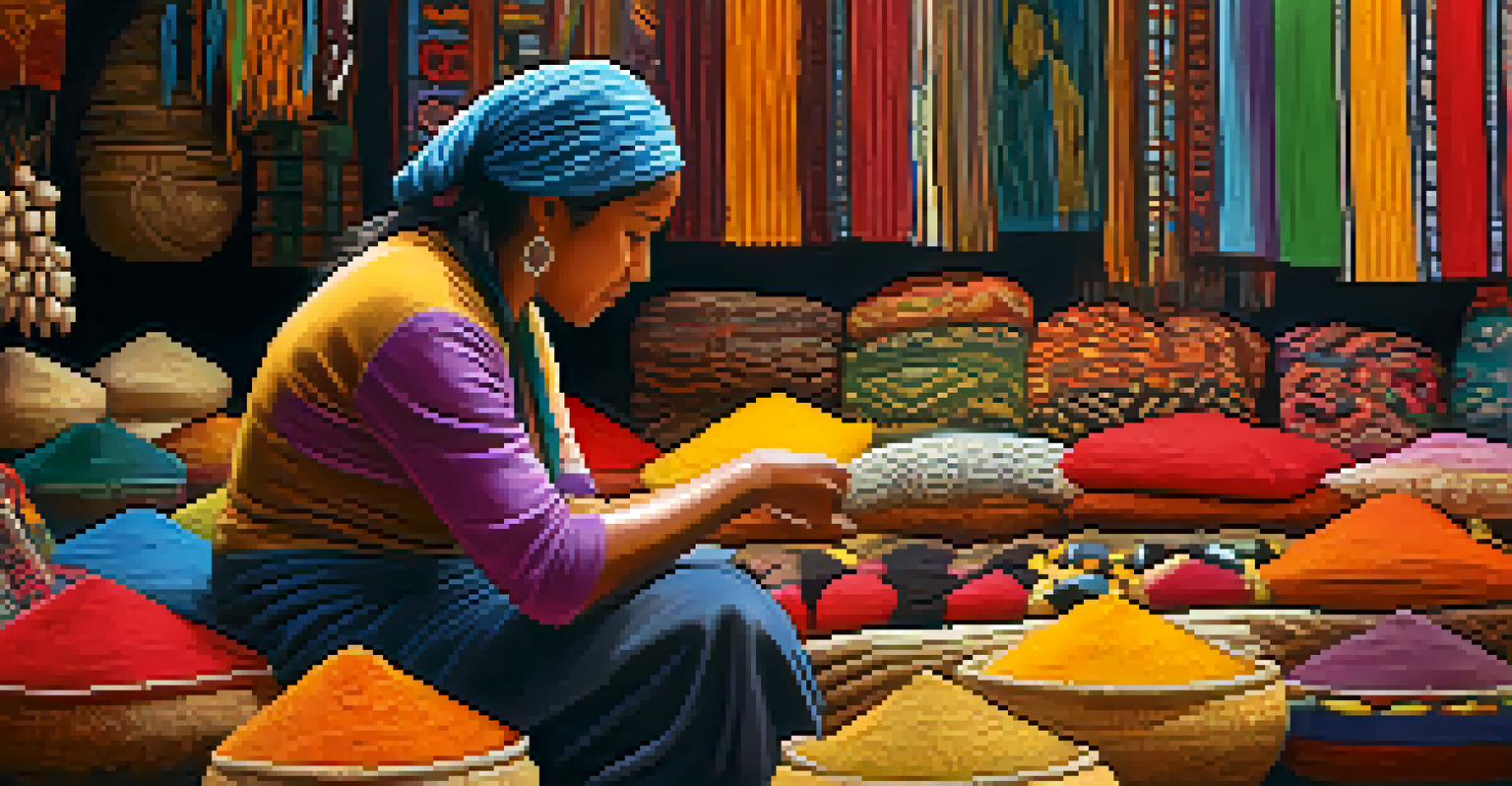 A traveler interacting with an indigenous artisan in a market, surrounded by colorful crafts and textiles, showcasing cultural exchange.