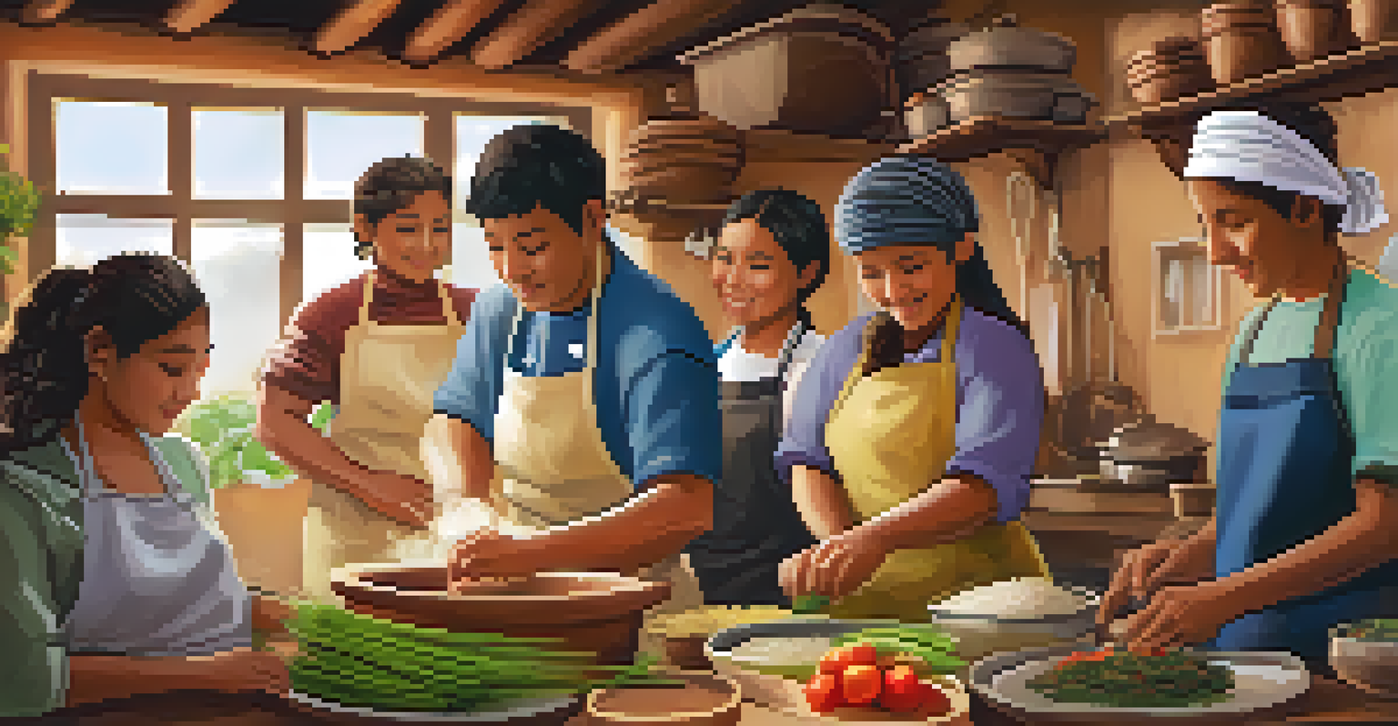 A welcoming Peruvian kitchen with a local chef teaching cooking, surrounded by fresh ingredients and engaged participants.