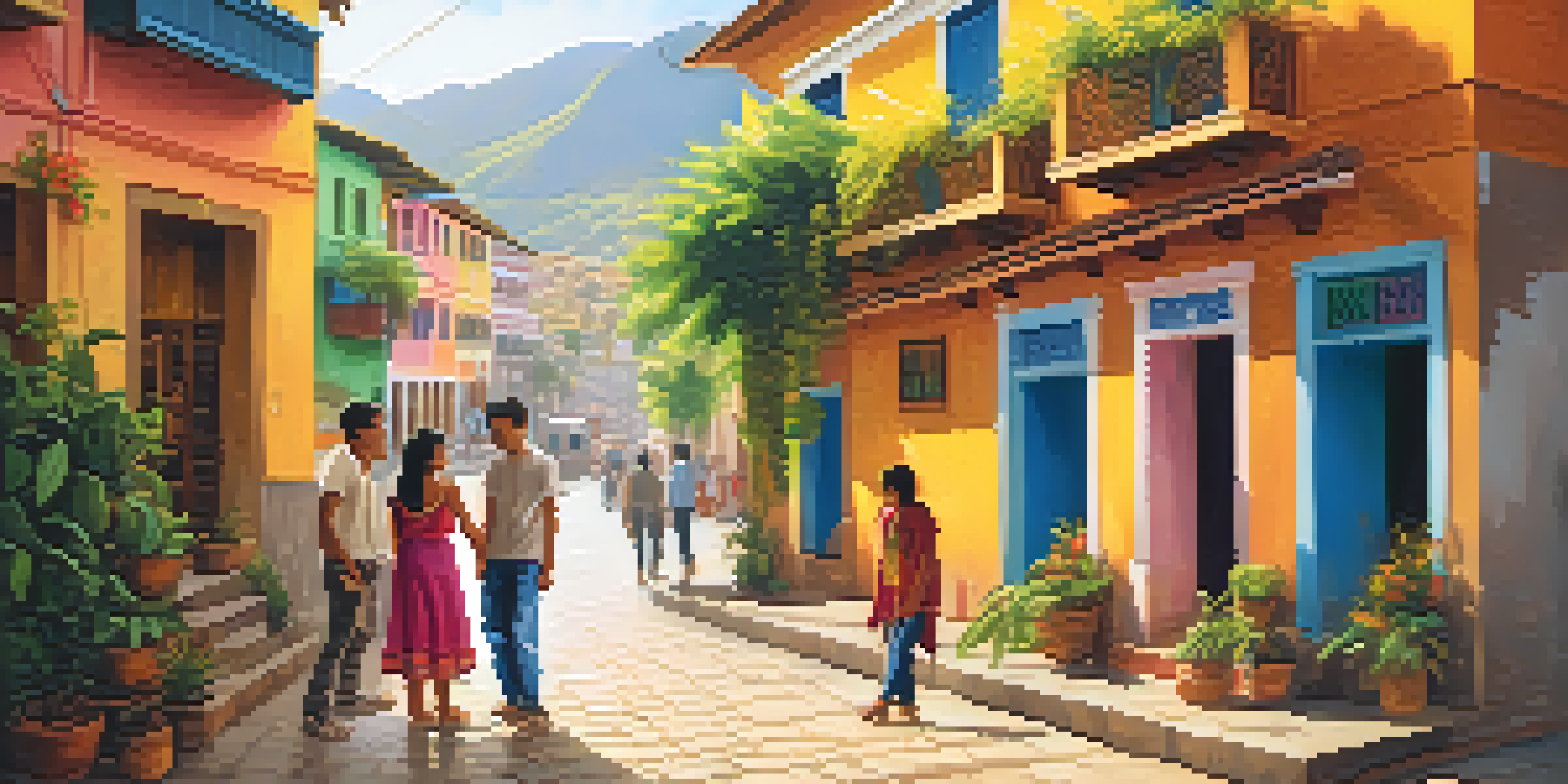 Two friends greeting each other with smiles and cheek kisses in a bright Peruvian street, surrounded by colorful buildings and greenery.