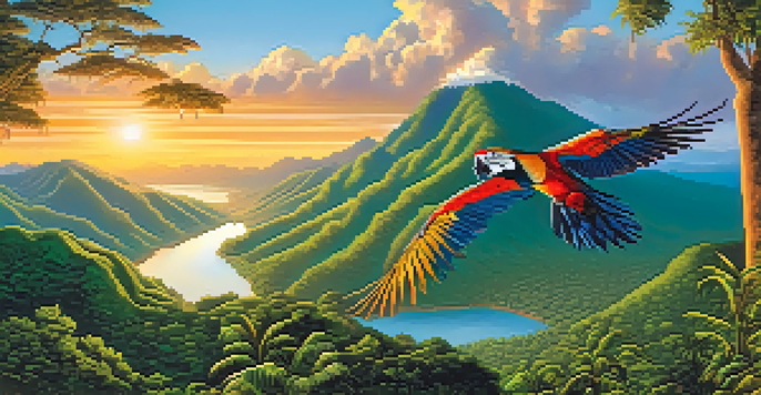 A scenic vista of Manu National Park featuring a macaw on a branch and an Andean condor soaring in the sky at sunset.