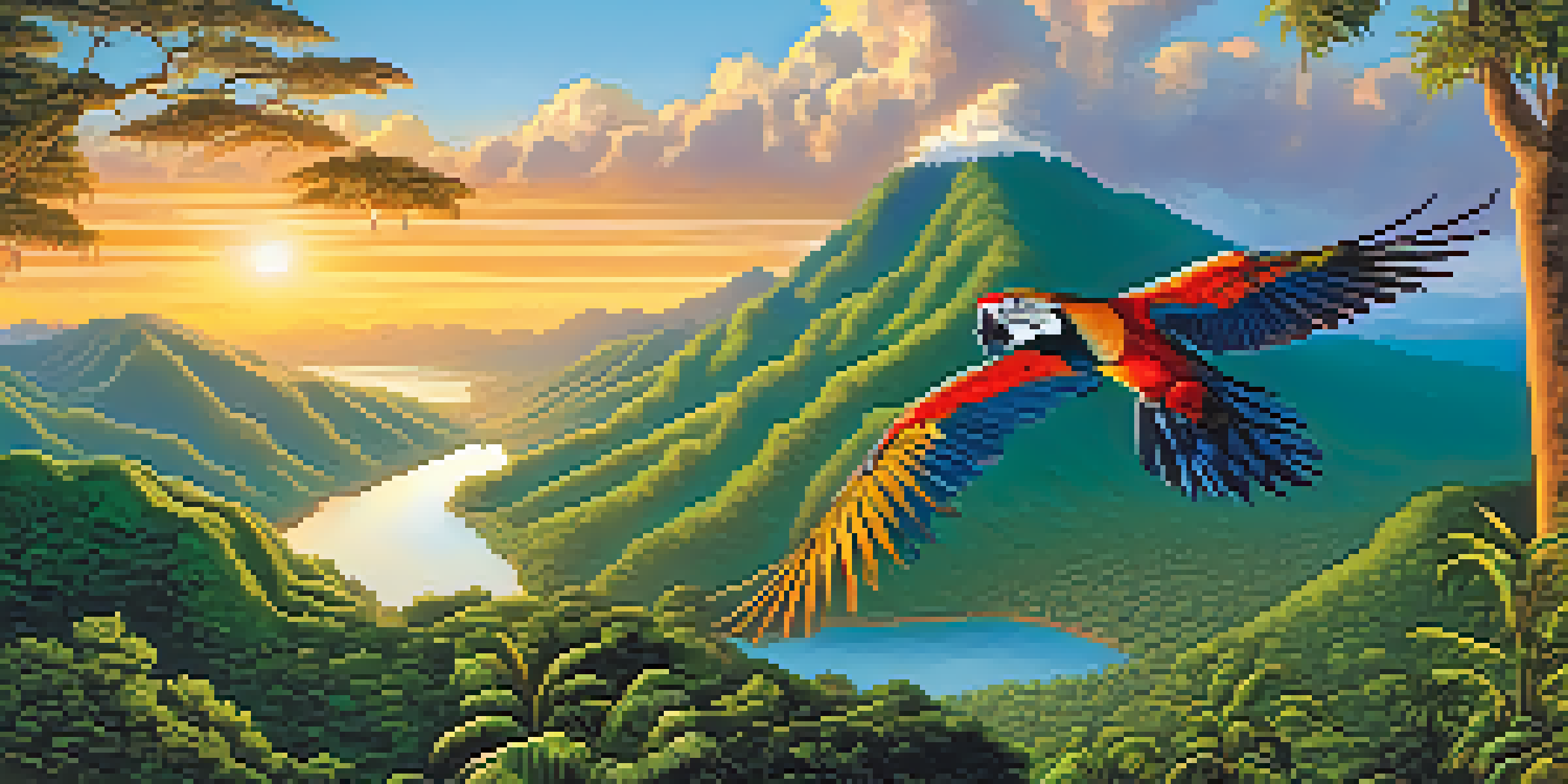 A scenic vista of Manu National Park featuring a macaw on a branch and an Andean condor soaring in the sky at sunset.