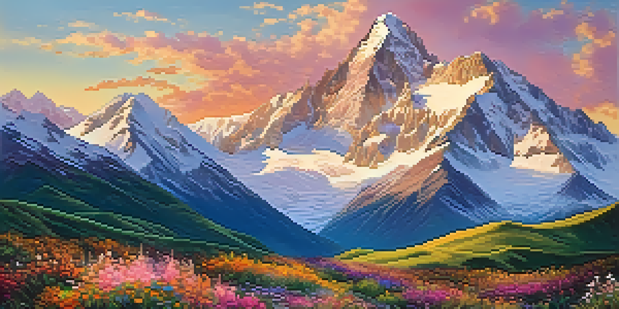 A panoramic view of the Andes mountains during sunrise, featuring snow-capped peaks, green valleys, and colorful wildflowers in the foreground.
