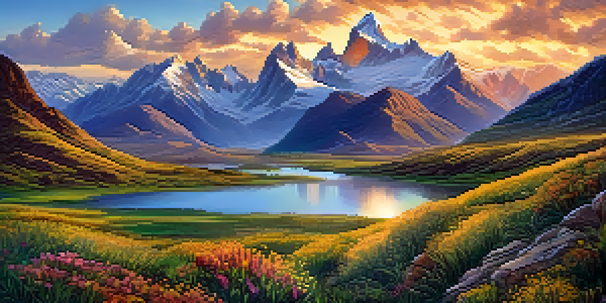 Aerial view of the Andes mountains at sunrise with golden light, lush green valley, colorful wildflowers, and a meandering river.