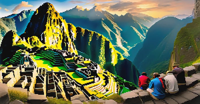 A breathtaking view of Machu Picchu at sunrise, surrounded by misty mountains and tourists capturing the scene.