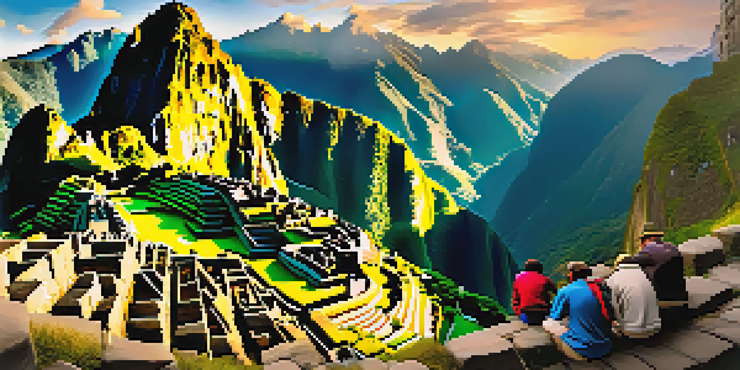 A breathtaking view of Machu Picchu at sunrise, surrounded by misty mountains and tourists capturing the scene.
