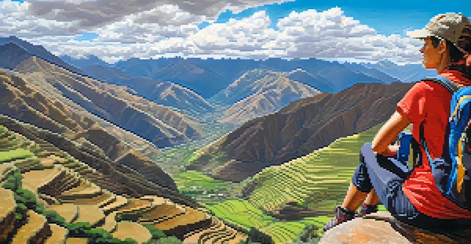 A hiker sits on a rock adjusting their layered clothing while overlooking the Sacred Valley, with terraced fields and mountains in the background.
