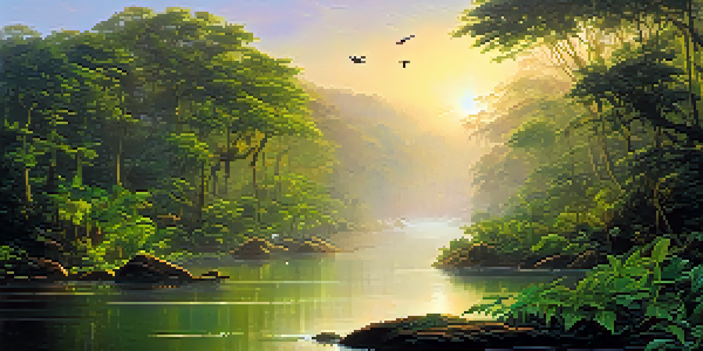 A beautiful view of the Amazon rainforest at sunrise with green foliage, a winding river, and colorful birds, illuminated by golden sunlight.