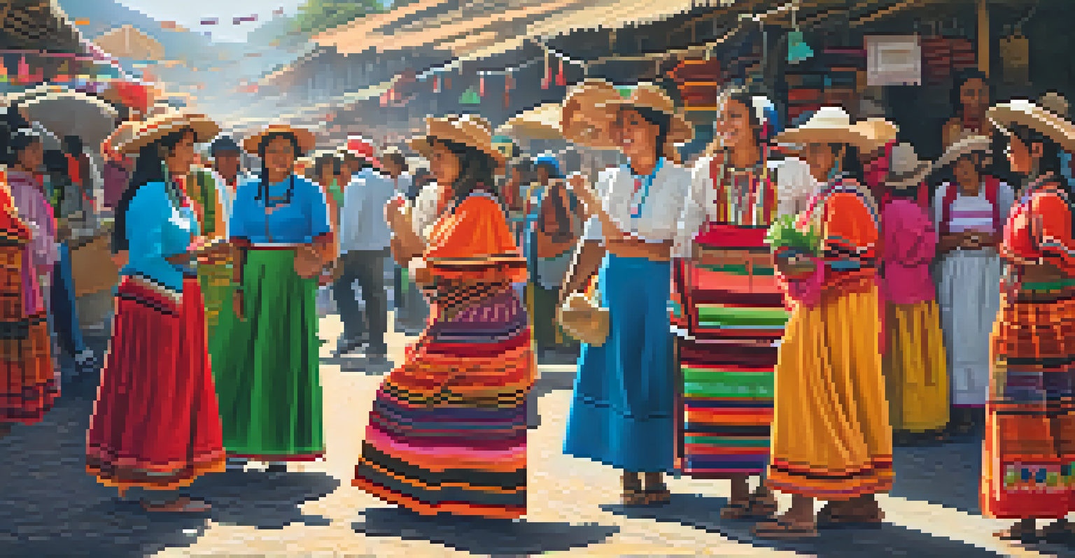 A lively street scene with women in traditional clothing sharing stories against a backdrop of colorful market stalls in Peru.