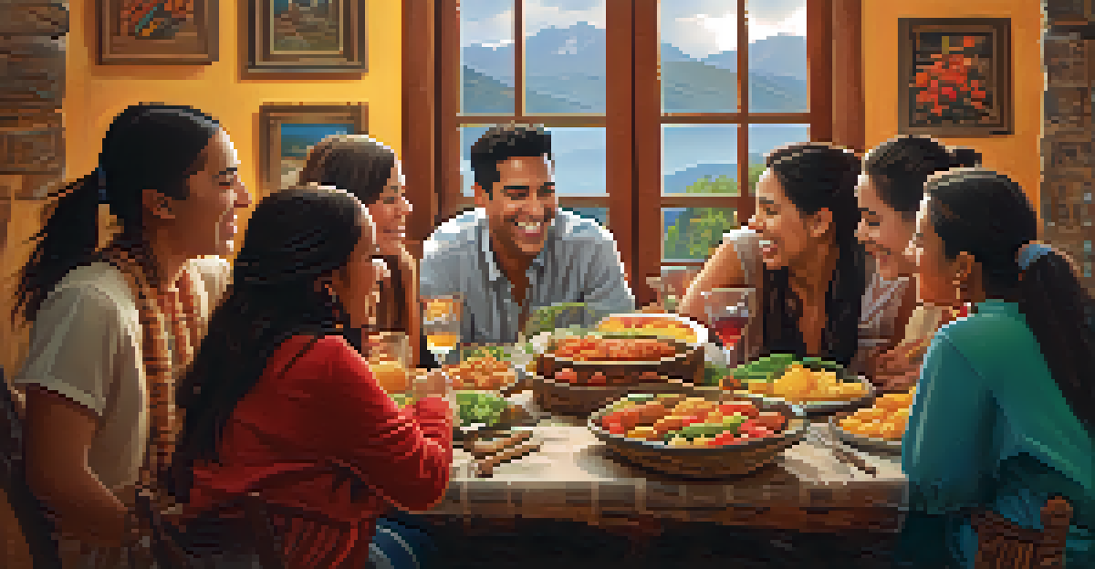 Friends greeting each other warmly at a Peruvian meal gathering.