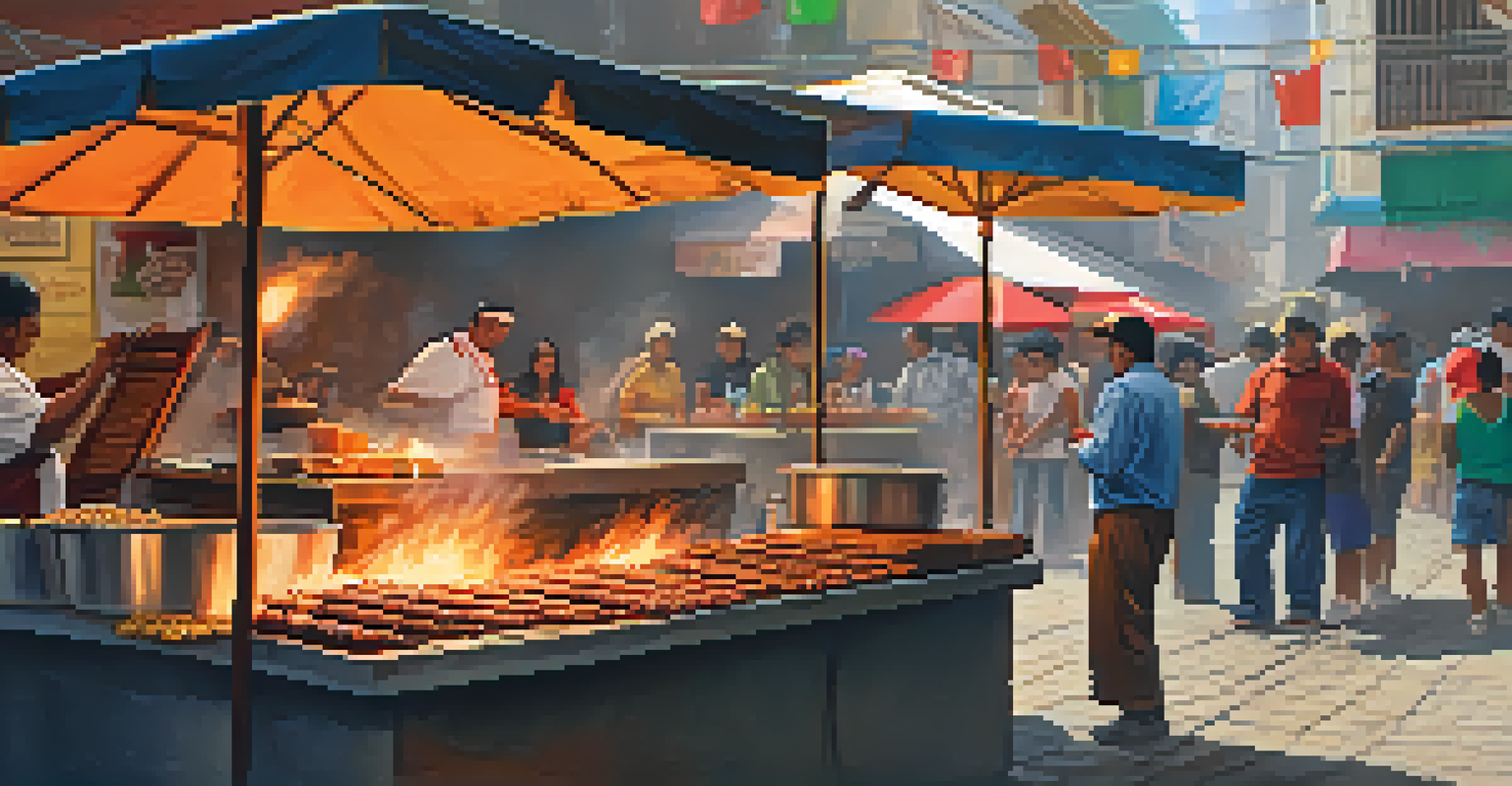 A street food vendor grilling anticuchos in Peru, with customers enjoying the food in a vibrant, bustling street setting.