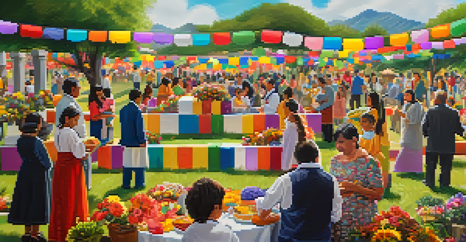 Families celebrating Día de Todos los Santos in a cemetery, with colorful flowers and decorations, sharing traditional dishes, emphasizing community and remembrance.