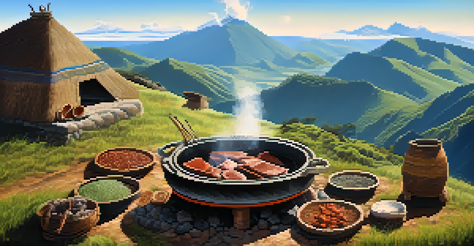 Traditional pachamanca cooking with pots buried in earth and herbs, set against the Peruvian highlands.