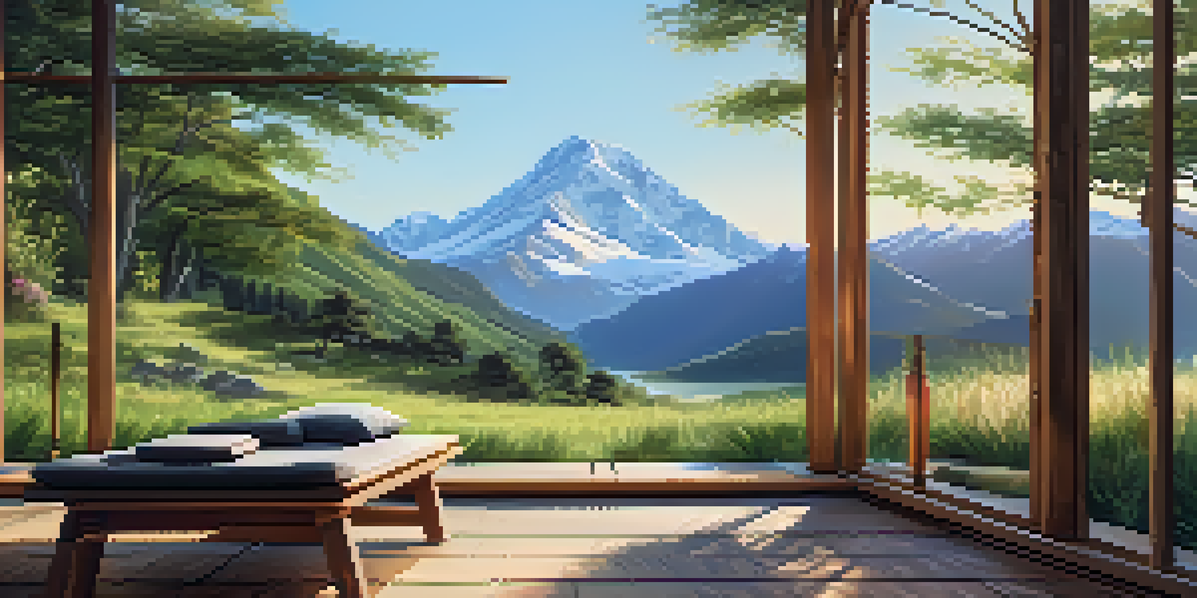 A rustic wooden cabin in the Andes mountains, surrounded by green valleys and peaks, with a yoga mat on a deck in warm sunlight.
