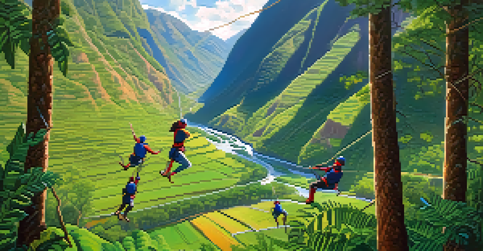 Adventurers zip-lining through the lush canopies of the Sacred Valley, surrounded by green trees and a winding river below.