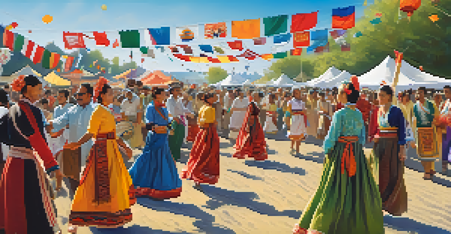 A lively outdoor cultural festival with people in traditional costumes dancing and engaging in various activities.