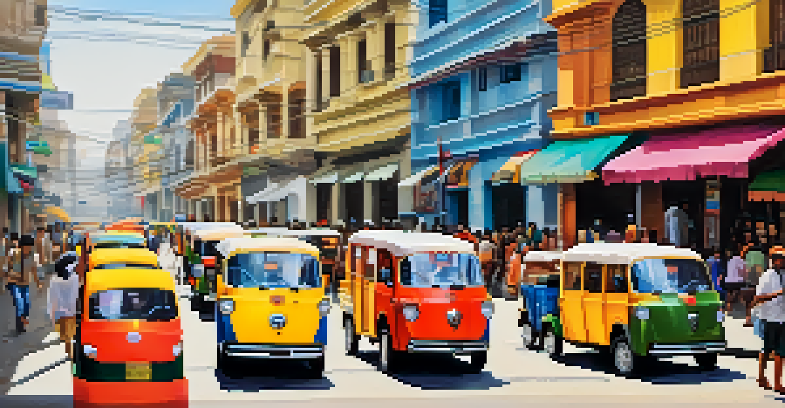 A busy street in Lima, Peru, filled with colorful tuk-tuks, colonial buildings, and street vendors.