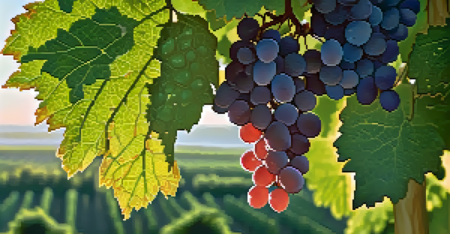 Close-up of Quebranta grapes with morning dew, sunlight filtering through leaves, and a blurred vineyard in the background.