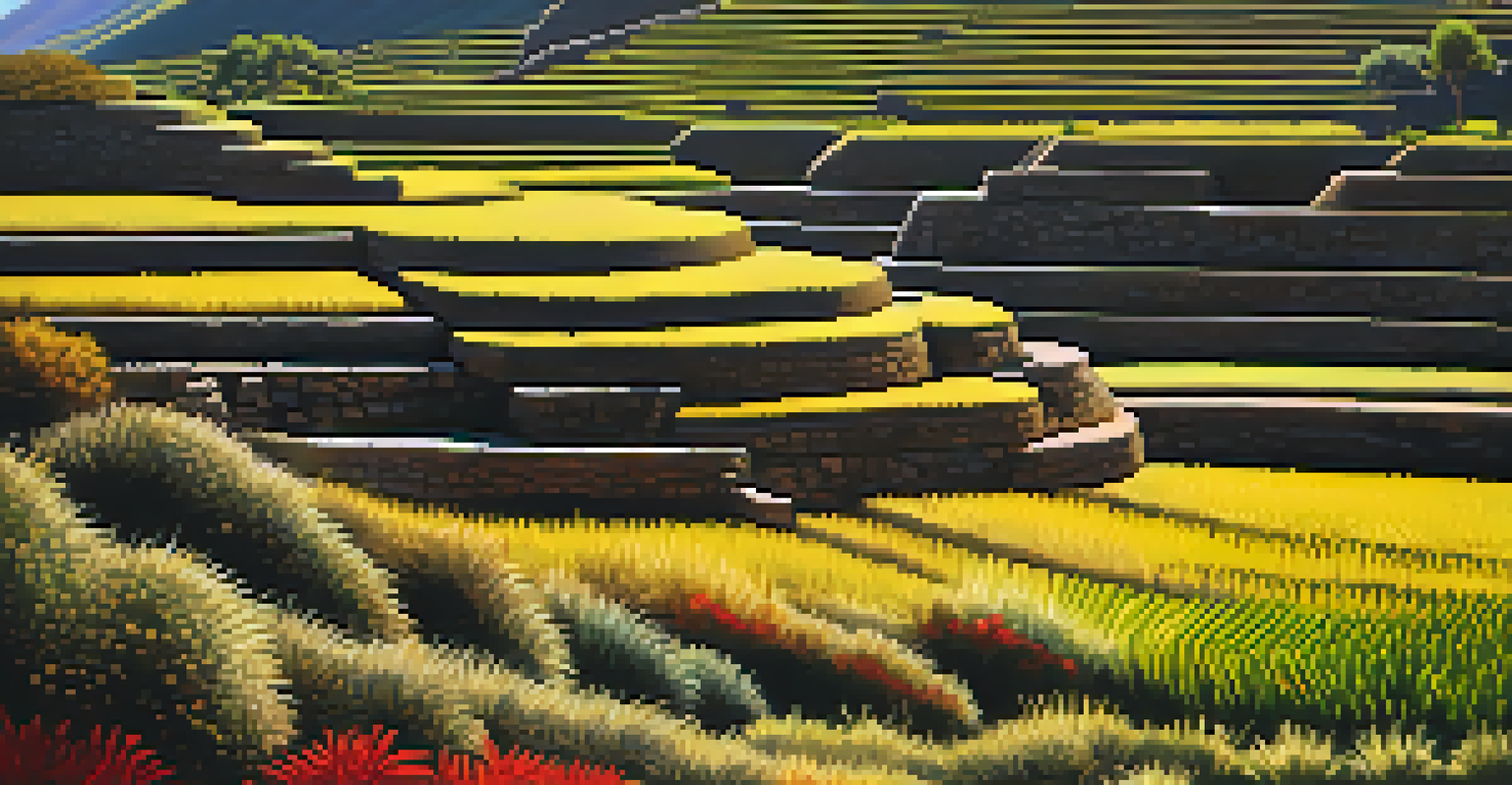 Close-up of the stone walls at Moray with vibrant crops growing in the terraces, showcasing the texture of the stones and sunlight illuminating the scene.