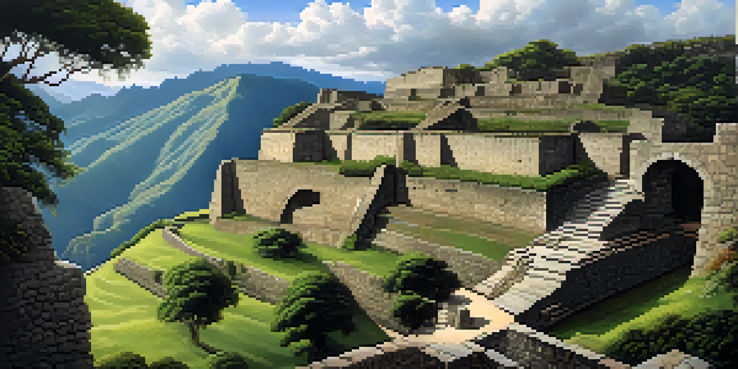 A panoramic view of Kuelap ruins in the Andes, showcasing large stone walls and circular structures amidst a vibrant green landscape and a cloudy sky.