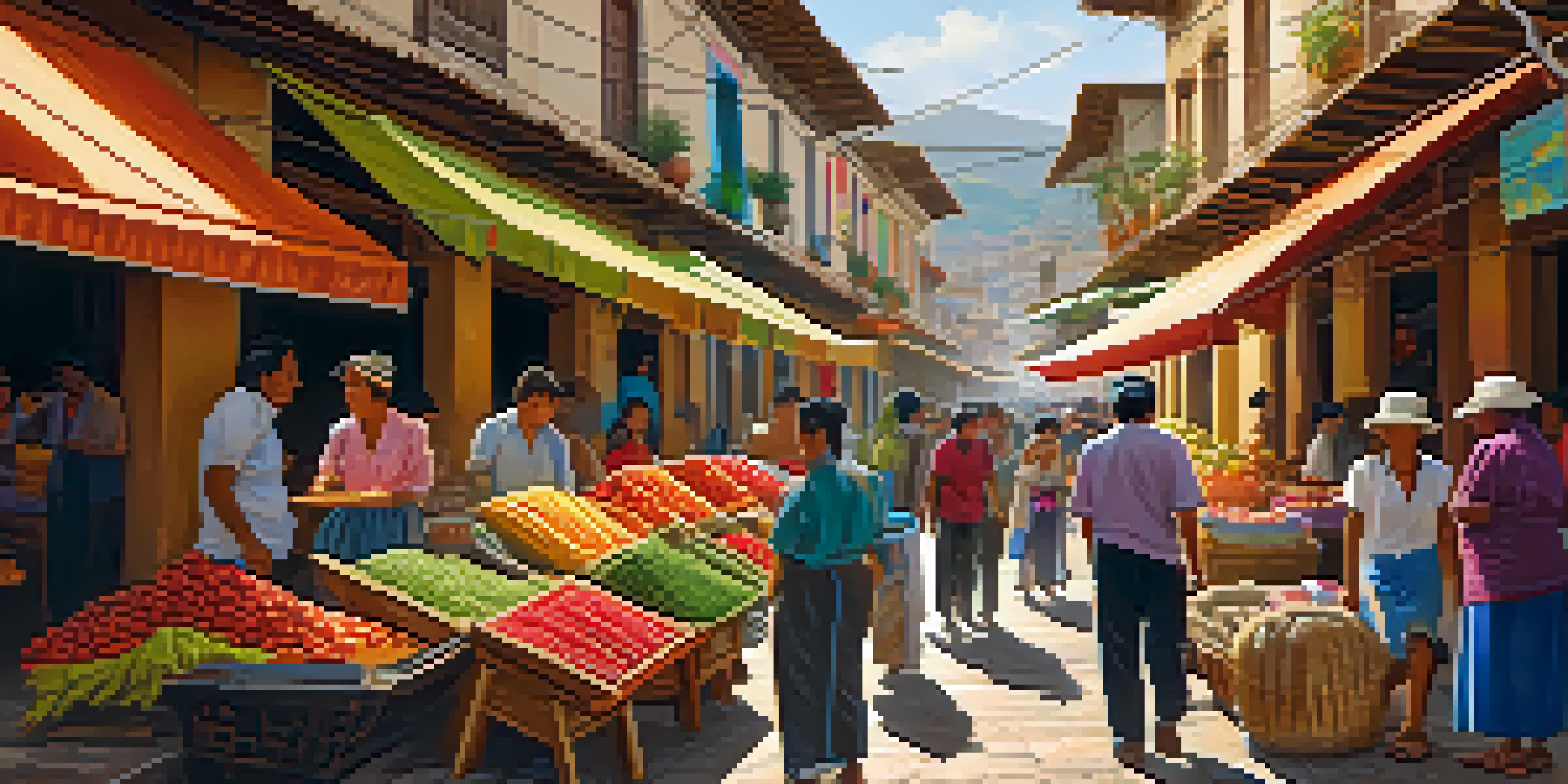 A bustling Peruvian market with colorful textiles and fresh produce, illuminated by warm sunlight, featuring local vendors interacting with customers.
